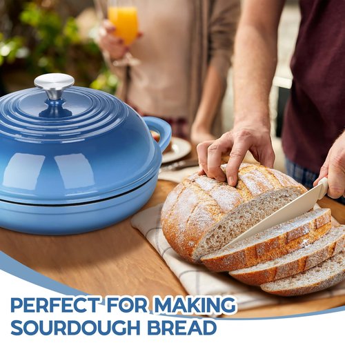 E-far Dutch Oven for Sourdough Bread Baking, 6 Qt Round Enameled Cast Iron Dutch Oven for Homemade Artisan Bread, Dome Lid & Shallow Base, Matte Black Interior & Durable, Oven-Safe to 500℉, Blue