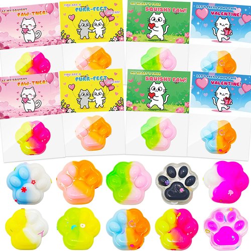 24 Pack Valentines Day Gift Cards for Kids with Cat Paw Squishy Toys, Valentine Exchange Gift for Boys Girls Toddlers Classroom School Party Favor