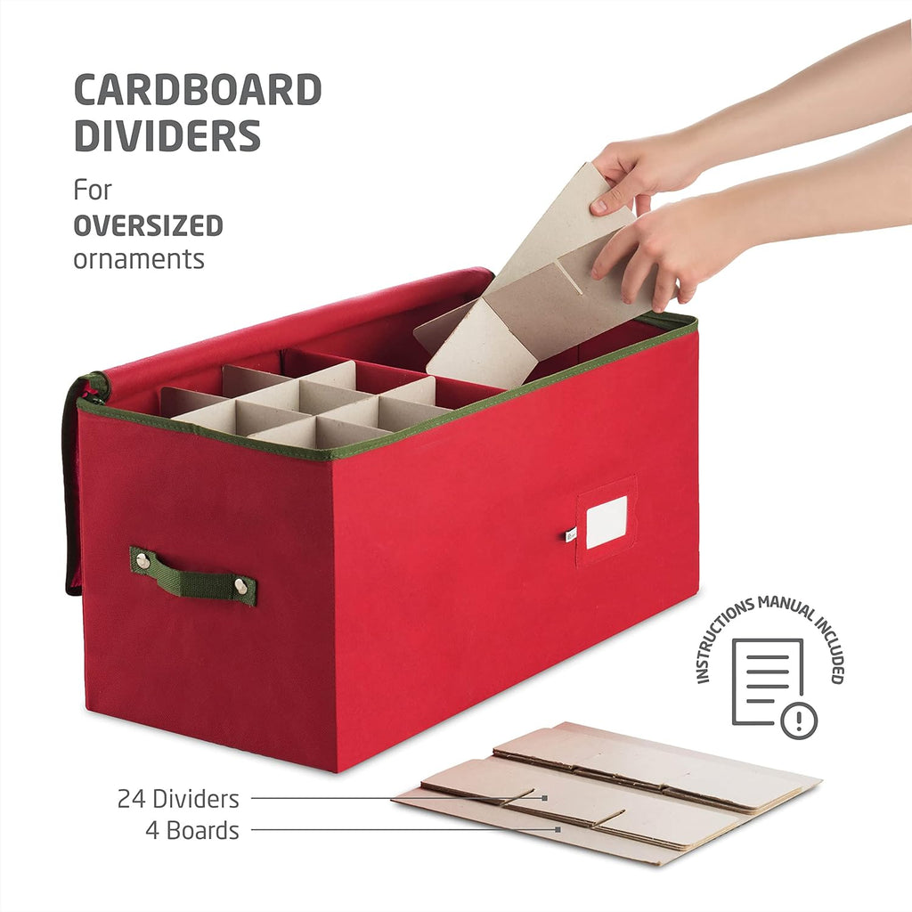 ZOBER Large Christmas Ornament Storage Box - Organize 54 4" Ornaments with Dividers - Durable Red Container