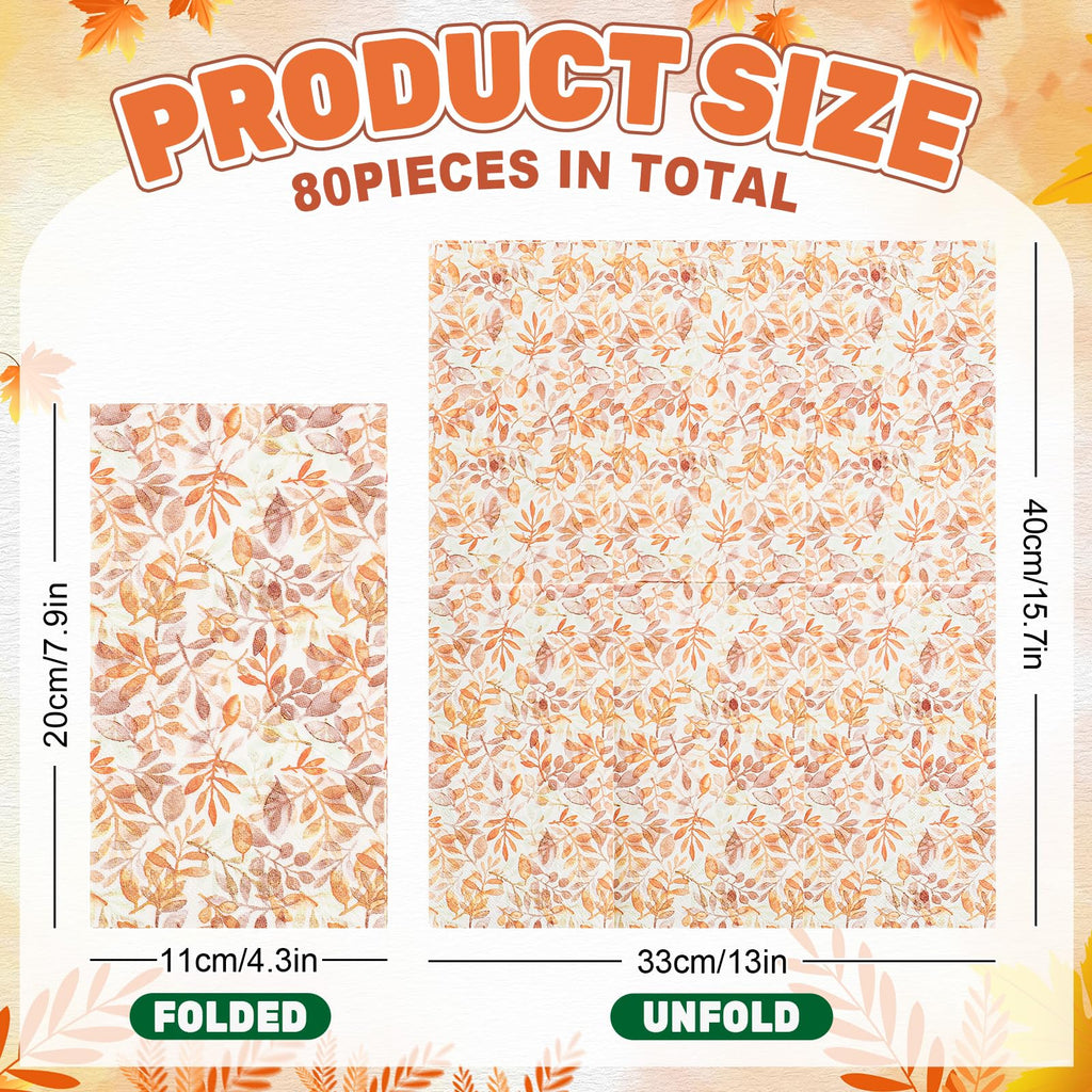 Whaline 80Pcs Fall Leaves Guest Napkins Orange Autumn Leaves Disposable Dinner Hand Towel Paper Napkins for Bathroom Thanksgiving Party Table Supplies