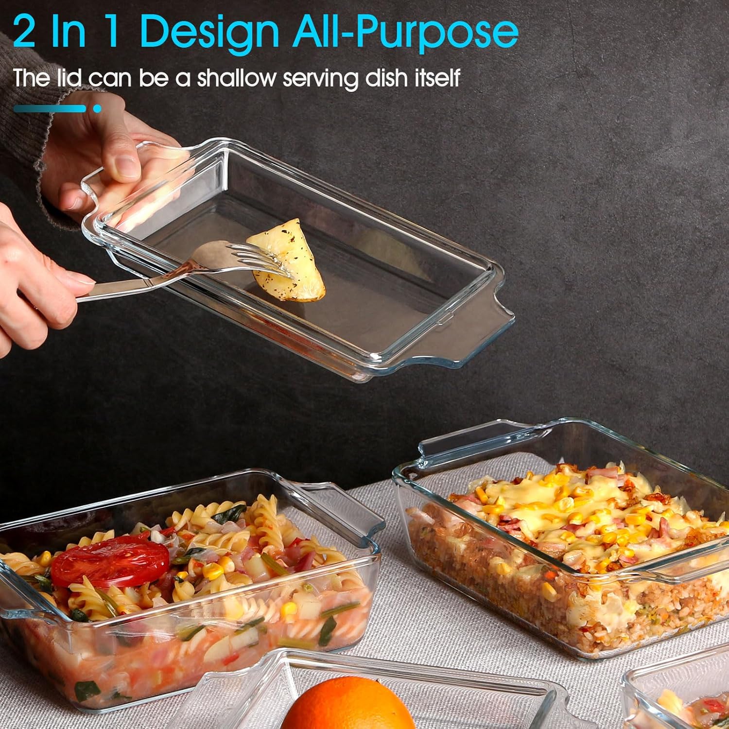 Pyrex Set of 2 Glass Casserole Dishes - Oven Safe Rectangular Baking Dish with Lids, 5.7in x 7in