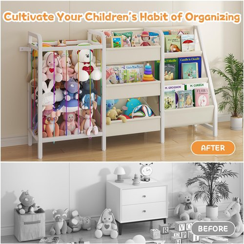 CYXPHION B2 Kids Bookshelf and Toy Storage, 3 Tier Book Shelf for Kids Rooms, Sling Toddler Bookshelf with Stuffed Animal Storage, Montessori Baby Bookcase for Nursery, Bedroom, Playroom, White