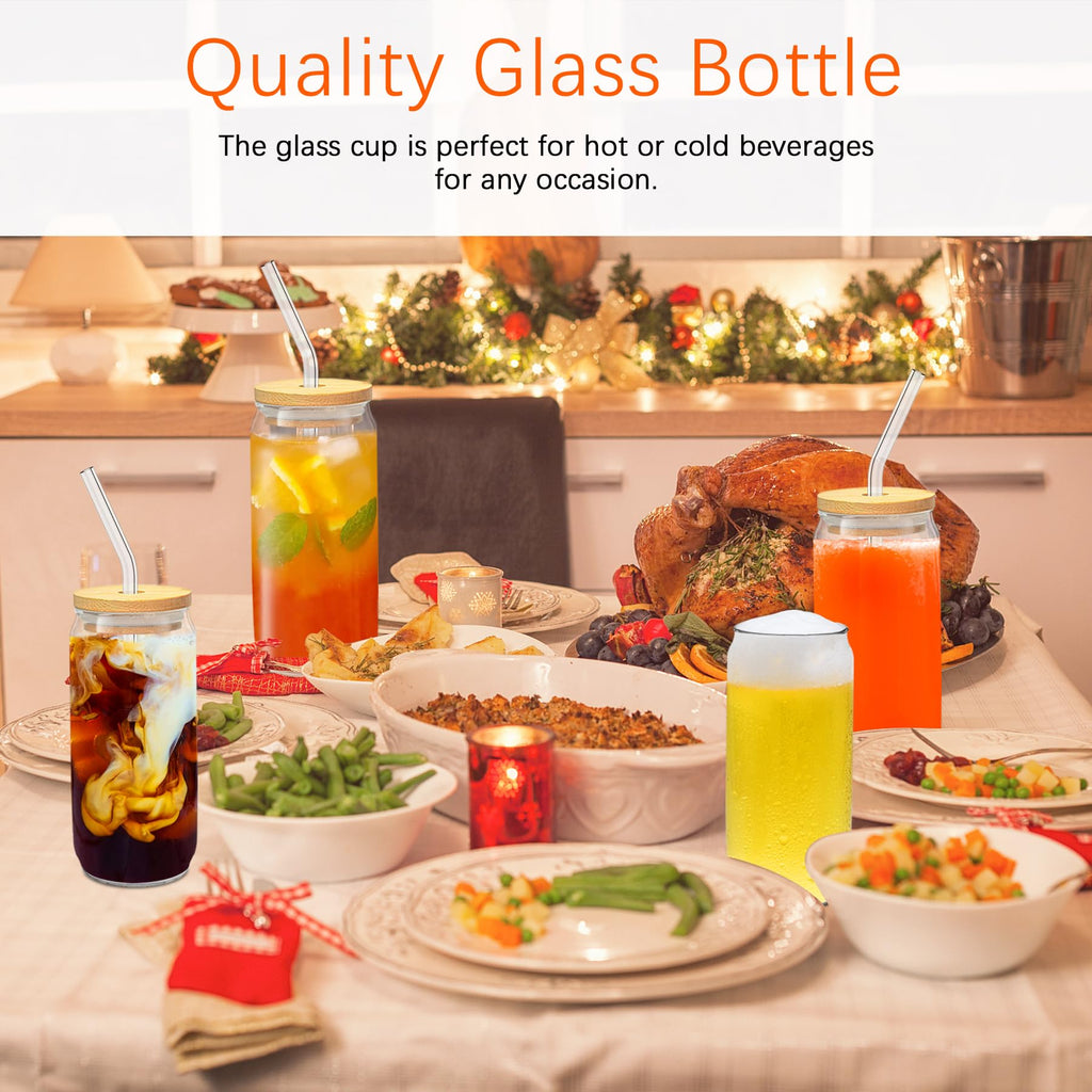 PeacePeo Glass Cups with Lids and Straws 20 Pcs 16 oz Ice Coffee Cup Skinny and Long Can Beer Cups Set Drinking Glasses with Bamboo Lids Reusable Glass Cups Ideal for Smoothies & Beverages