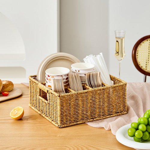 Berdeng Utensil Holder for Party, Paper Plate Dispenser for Countertop, Silverware Caddy for Picnic, Cutlery Holder for Kitchen Camping Buffet, Wicker Basket with 6 Compartments