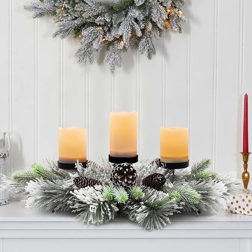 Handcrafted Christmas Centerpiece by [Brand Name] - Snowy Pine Cones & Needles with 3 Candle Holders | 27.5 in
