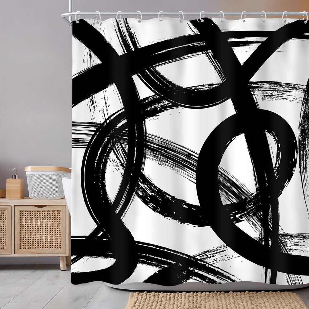 Newsely Black & White Abstract Shower Curtain - Modern Minimalist Design | 60" x 72" Waterproof Bath Decor