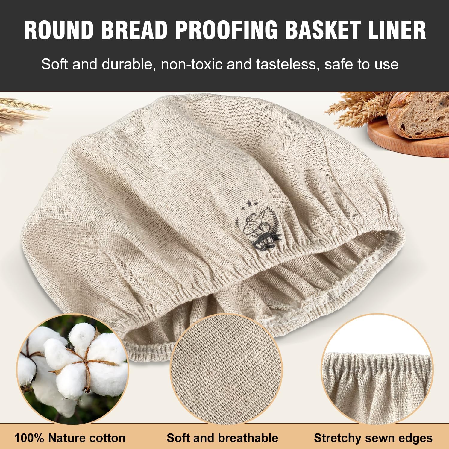 WALFOS Bread Basket Liner Cloth - 9 Inch Round Baking Dough Cover for Natural Rattan Proofing