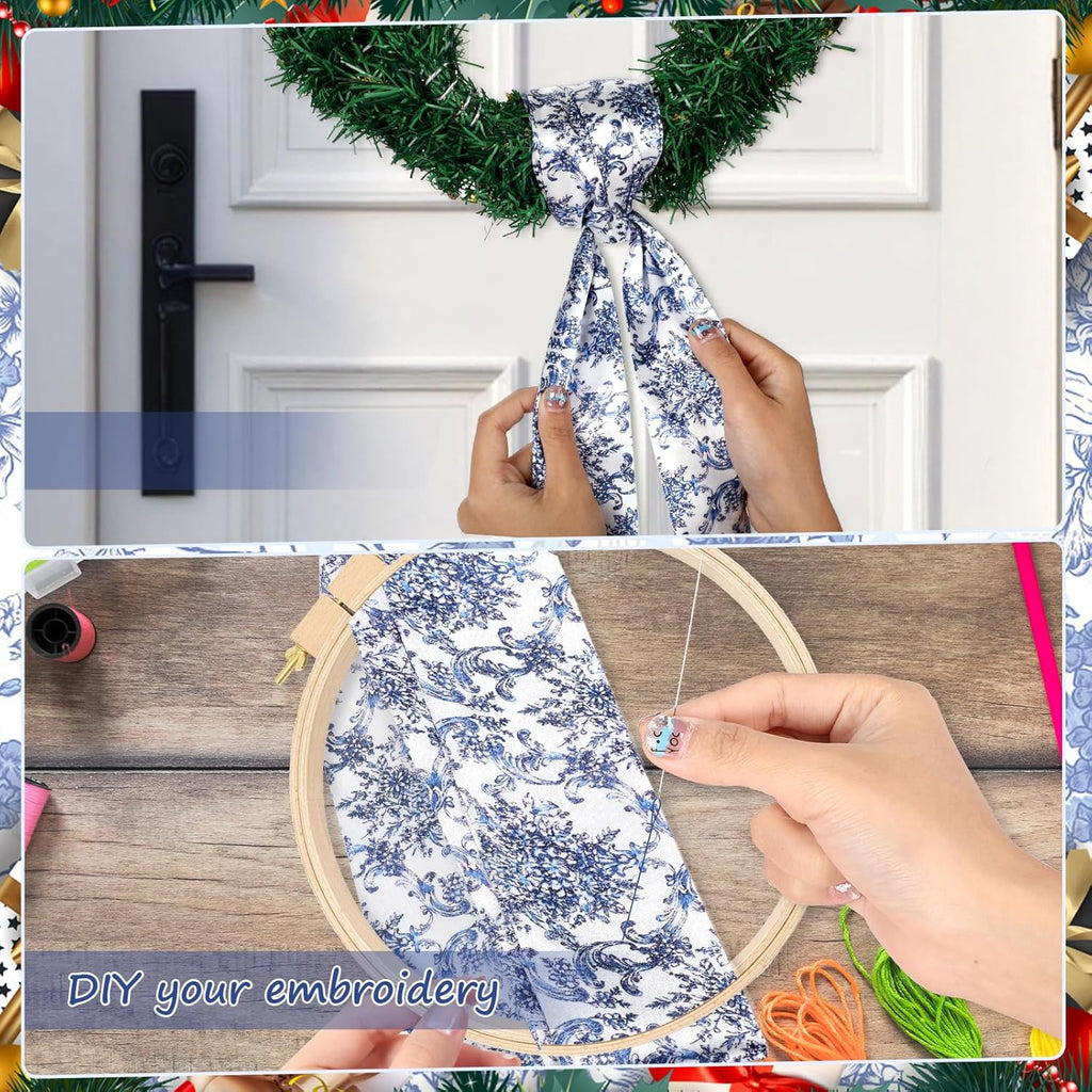 Skiennix Chinoiserie Monogram Satin Wreath - Elegant Blue & White Floral Door Decor | 2-Piece Set