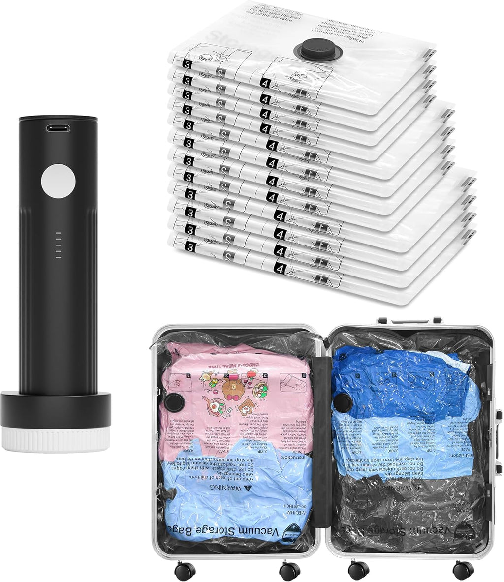 Skiennix Vacuum Bags for Travel - 12 Combo Set with Rechargeable Pump | Space-Saving Compression Bags for Luggage