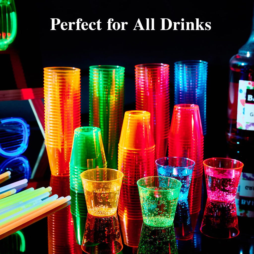300Pack 1 Oz Plastic Shot Glasses Set, Neon Party Mini Shot Glasses Bulk, Durable and Reusable, Small Disposable Plastic Cups for Vodka, Whiskey, and More