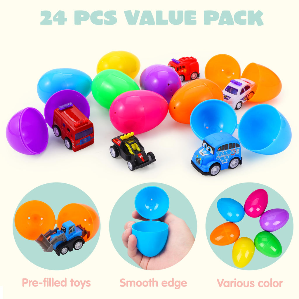 JOYIN 24 Pcs Filled Easter Eggs with Pull Back Construction Cars, Prefilled Easter Egg with Vehicle for Kid Boys, Basket Stuffers/Fillers, Party Favor, Classroom Prize Supplies