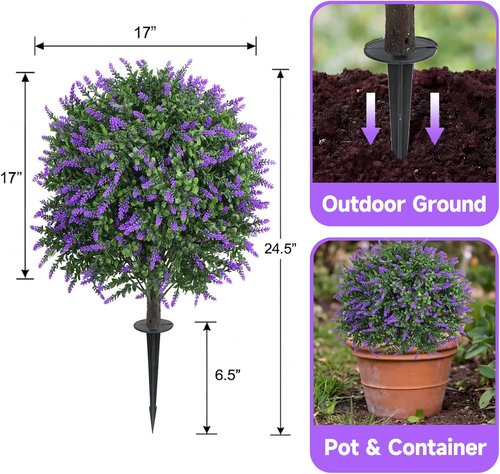 Dense Foliage | 24-Inch Artificial Lavender Topiary Ball Trees - UV Resistant Faux Plants for Outdoor Decor