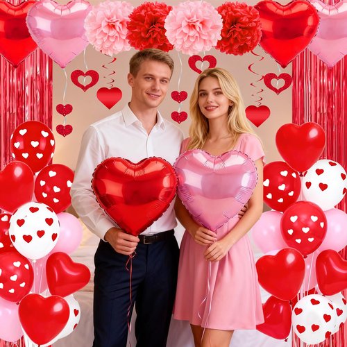 Valentines Day Decor Kit, Happy Anniversary Decorations with I Love You Balloons 1000Pcs Silk Red Rose Petals Romantic Heart Balloon for Wedding Anniversary Valentines Day Decorations