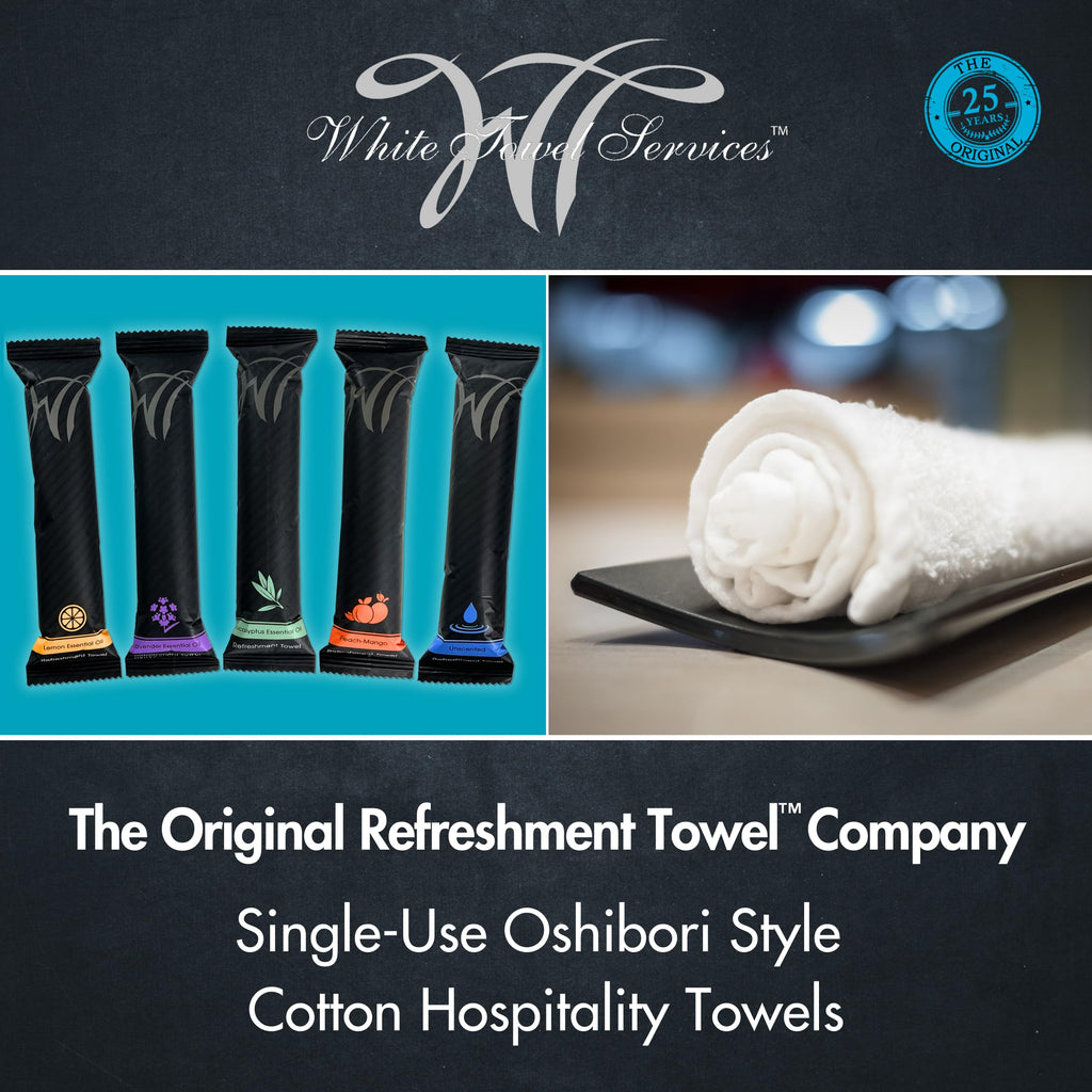 White Towel Services 10" x 10" in Moist Cotton Towel Individually Wrapped - Lemon Scent (Case of 50) - Single-Use Oshibori Style Cotton Hospitality Towels