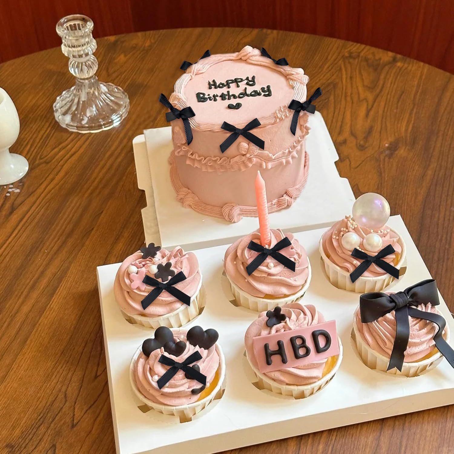 Skiennix Black Bow Cupcake Toppers - 40 Pcs Elegant Picks for Weddings, Birthdays & Baby Showers