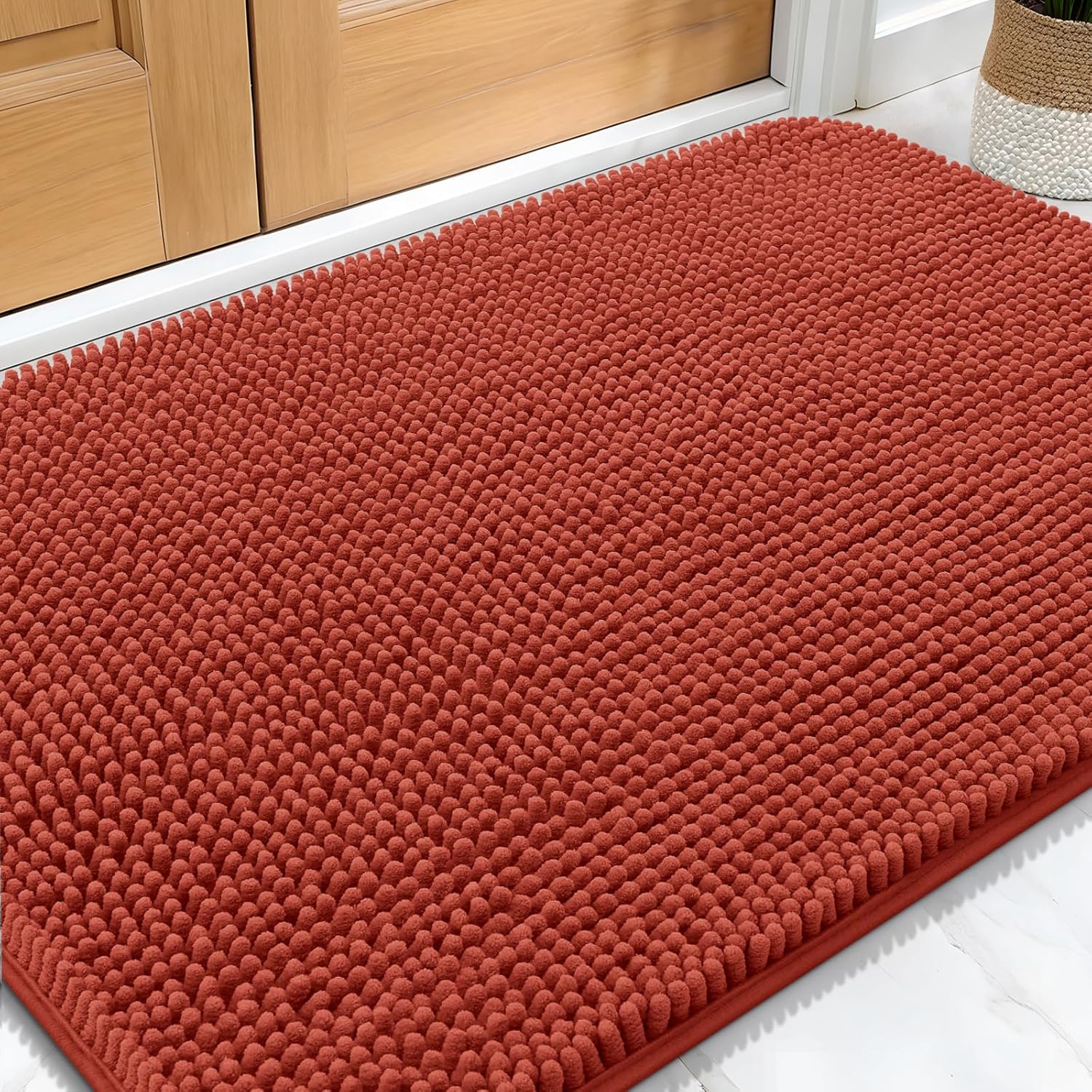 OLANLY Dog Door Mat - Absorbent Non-Slip Chenille Mat for Muddy Paws | 30x20, Quick Dry, Maple Red