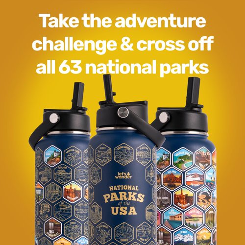 LET'S WANDER National Parks Water Bottle 2.0 Ultimate Bundle | Includes Straw Lid, Chug Lid & 2 Sets of 63 Waterproof Stickers | 32oz Leakproof Insulated Stainless Steel Gift Pack (Blue)