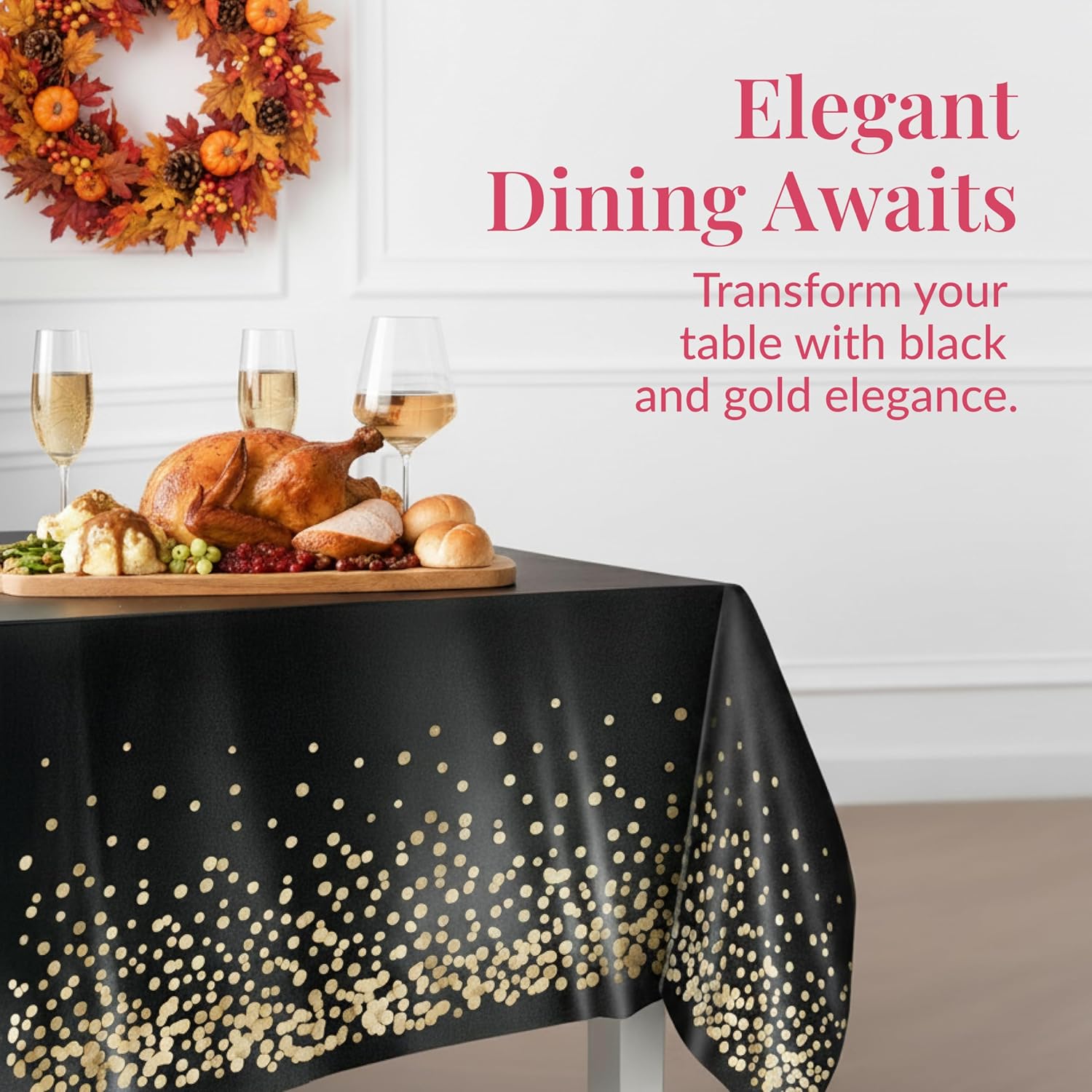 Prestee Gold & Black Rectangle Table Covers | 4 Pack Disposable Plastic Tablecloths - 54 x 108 Inches for Parties & Events