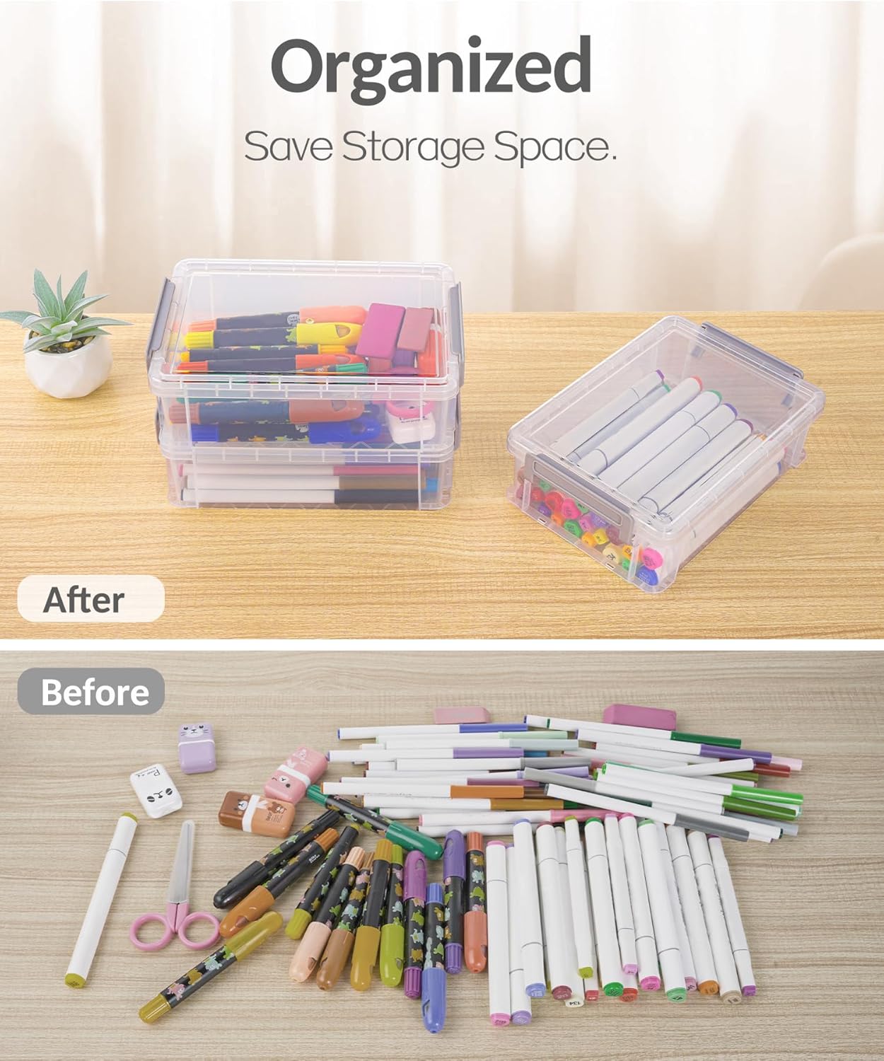 Sooez Extra Large Pencil Box Set - Clear Plastic Crayon Organizer with Lid | 6 Pack for Art & School Supplies