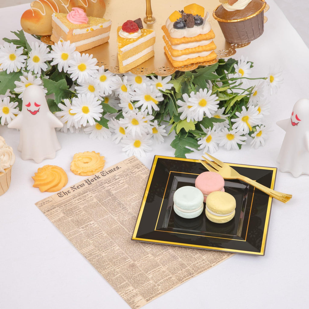 WDF 200PCS Black and Gold Plastic Dessert Plates with Plastic Forks -6’’ 100 Square Disposable Appetizer Plates Small Plate Cake Plate with Gold Rim for Wedding/Party/Birthday/Graduation