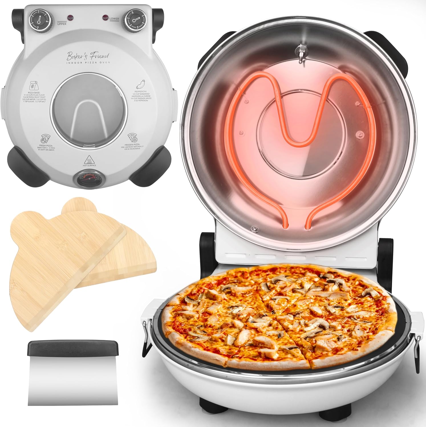 Baker's Friend Electric Pizza Oven - 12-Inch Indoor Countertop Cooker with Premium Ceramic Stone - Creamy White