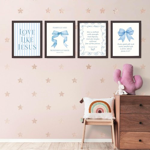 LARTSFRO Coquette Blue Bow Wall Art Decor - Inspirational Bible Verses | Set of 4, 10x8 Inch for Teen Girls