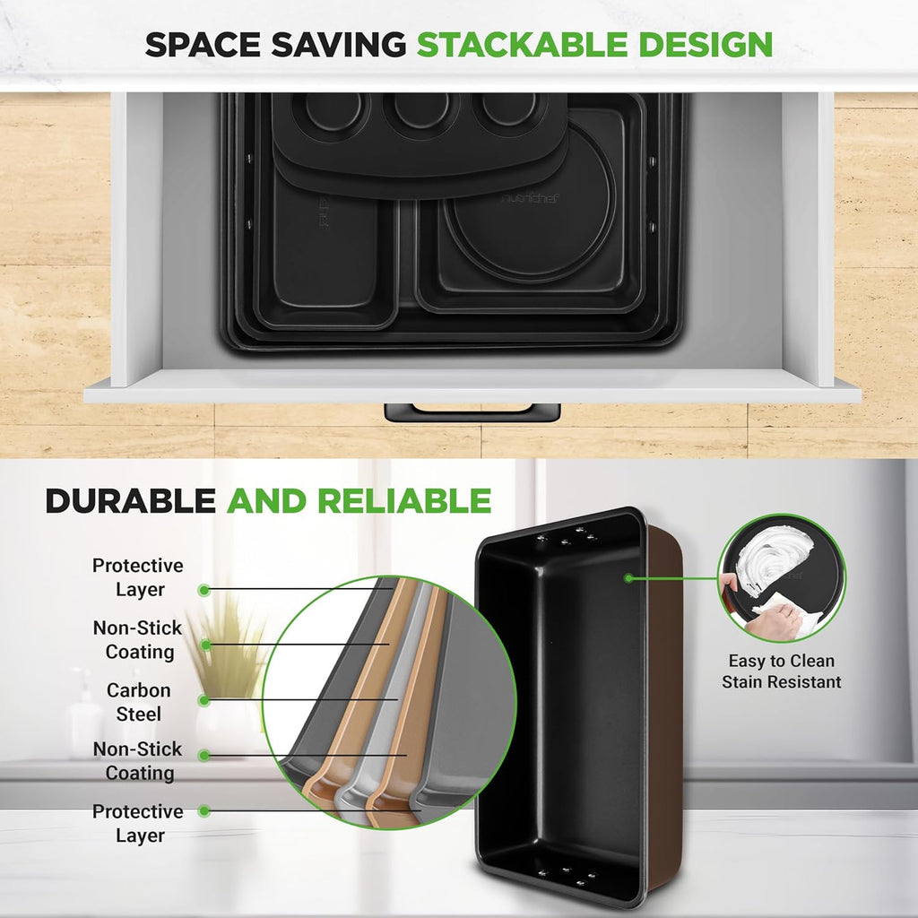 NutriChef 8-Piece Nonstick Bakeware Set - Non-Toxic Carbon Steel Trays for Easy Baking & Cleanup - Brown