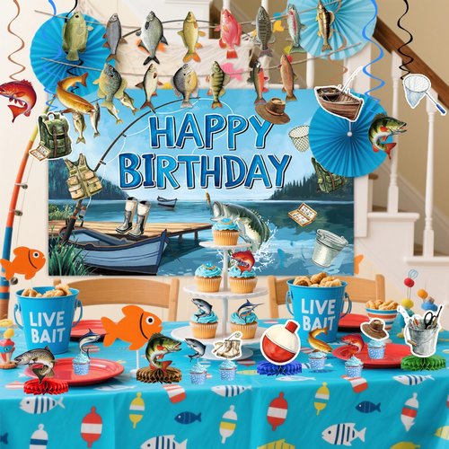 Fishing Birthday Party Decorations Includes Backdrop, Banner, Hanging Swirls, Balloons, Cake & Cupcake Toppers, Honeycomb Centerpieces for Ofishally One Birthday Decorations