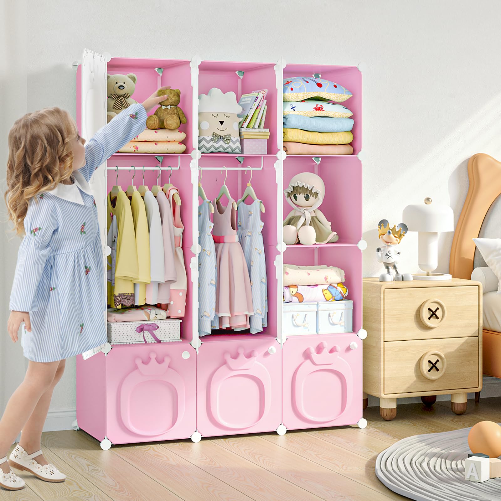 MAGINELS Kids Wardrobe Closet,Baby Closet Cabinet with Door.Baby Girls Armoires Organizer for Bedroom.Two Open Hanging Children Costume Area and 8 Cube Stroage.Pink(42x14x56inch)