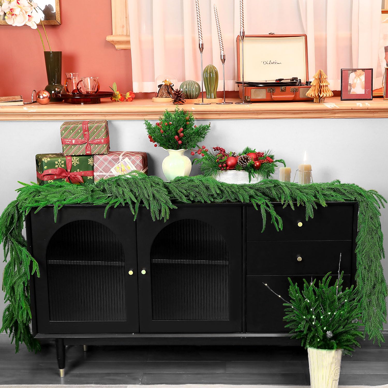 24 FT (4 * 6FT) Christmas Norfolk Pine Garland, Real Touch Dense Faux Greenery Garland for Mantle, Table, Wall, Indoor & Outdoor Christmas Decorations