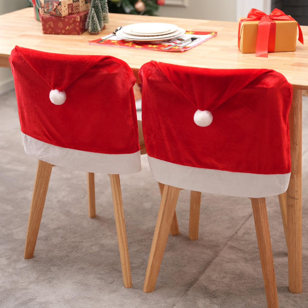 JOYIN 6 Pcs Christmas Chair Covers, Red Hat Chair Slipcovers, Santa Claus Chair Back Covers for Christmas Holiday Festival Decoration, Xmas Decorations Indoor Home Décor