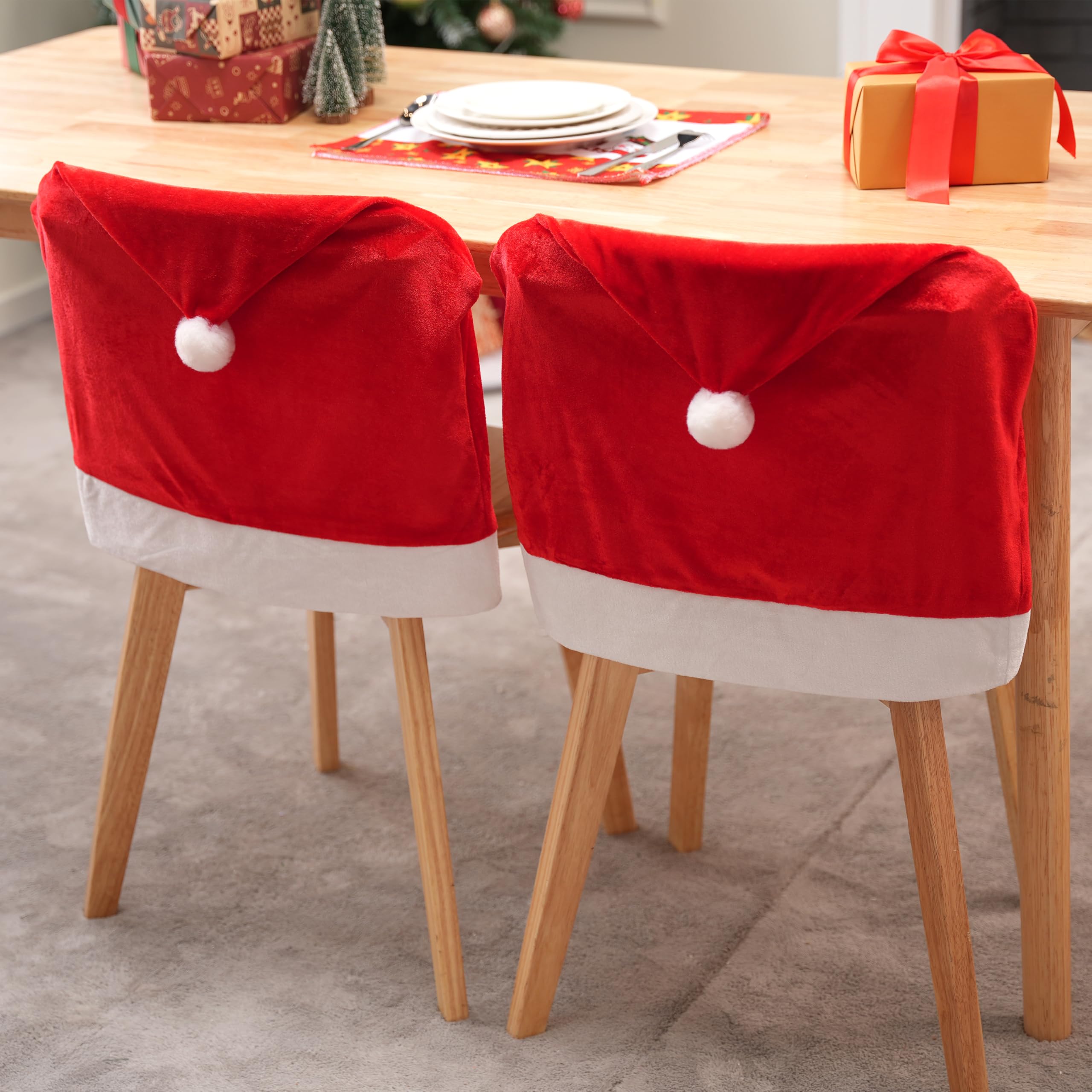 JOYIN 6 Pcs Christmas Chair Covers, Red Hat Chair Slipcovers, Santa Claus Chair Back Covers for Christmas Holiday Festival Decoration, Xmas Decorations Indoor Home Décor