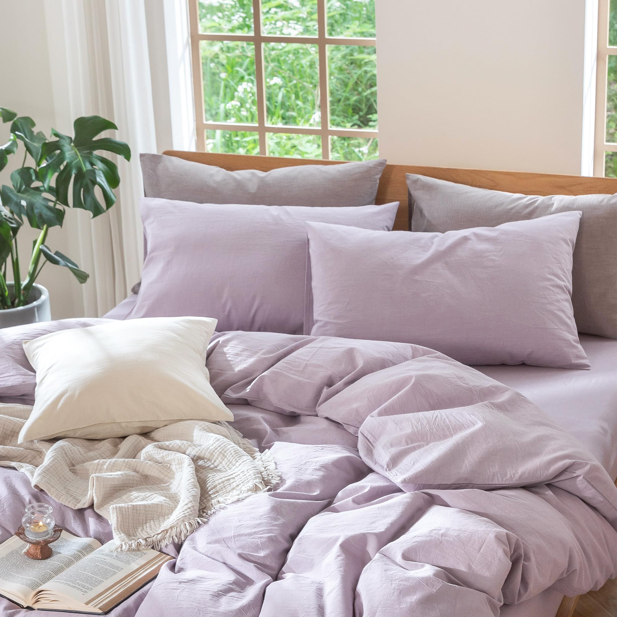 MooMee Bedding Pillowcases Pack of 2 100% Washed Cotton Linen Like Textured Breathable Durable Soft Comfy (Heathered Light Purple, Standard)