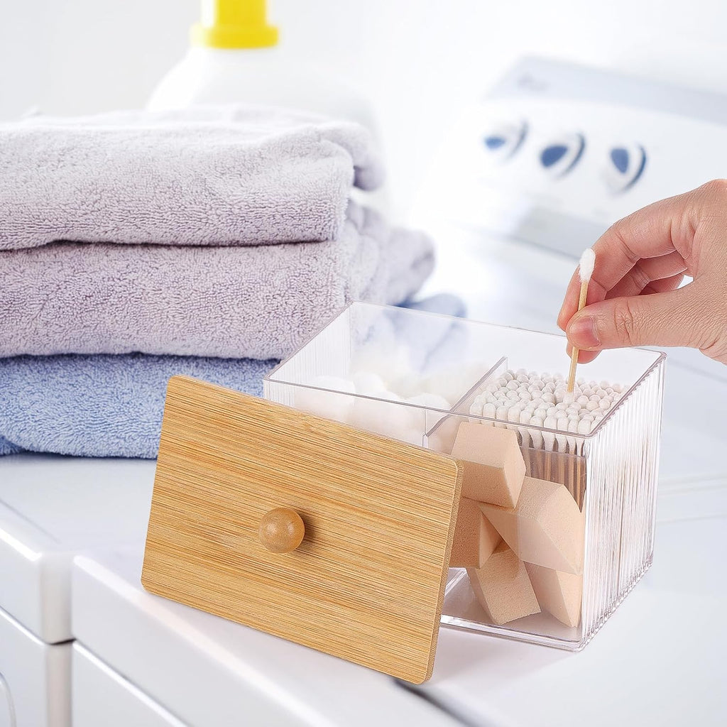 Ohlove Qtip Holder - Bamboo Lids & 3 Compartments | Clear Plastic Cotton Ball Dispenser