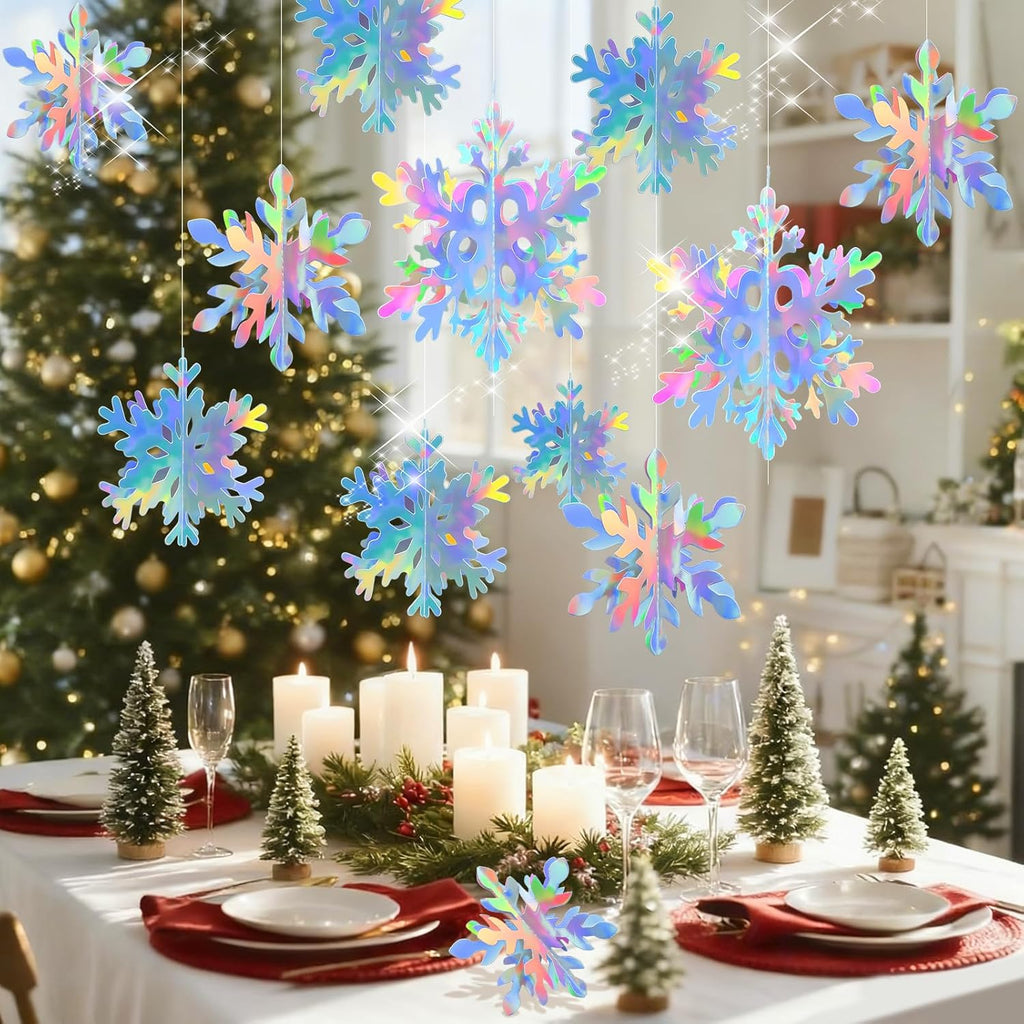 Skiennix 18 Pcs 3D Snowflake Decorations - Iridescent Hanging Ornaments for Winter Wonderland Decor