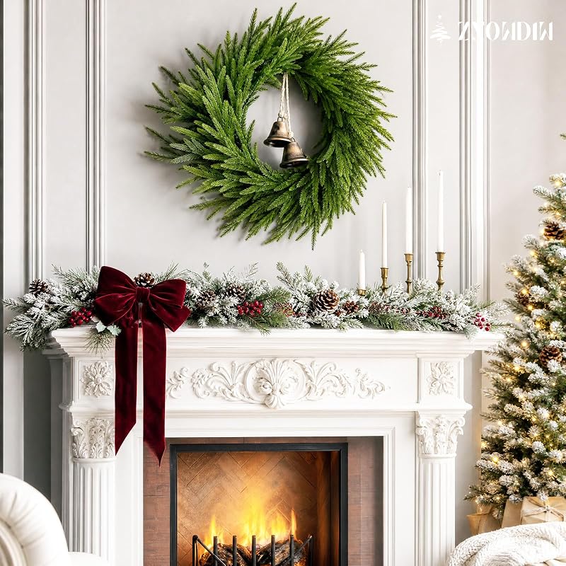 Decorated 2PACK 24-Inch Norfolk Pine Wreaths with Bells for Front Doors