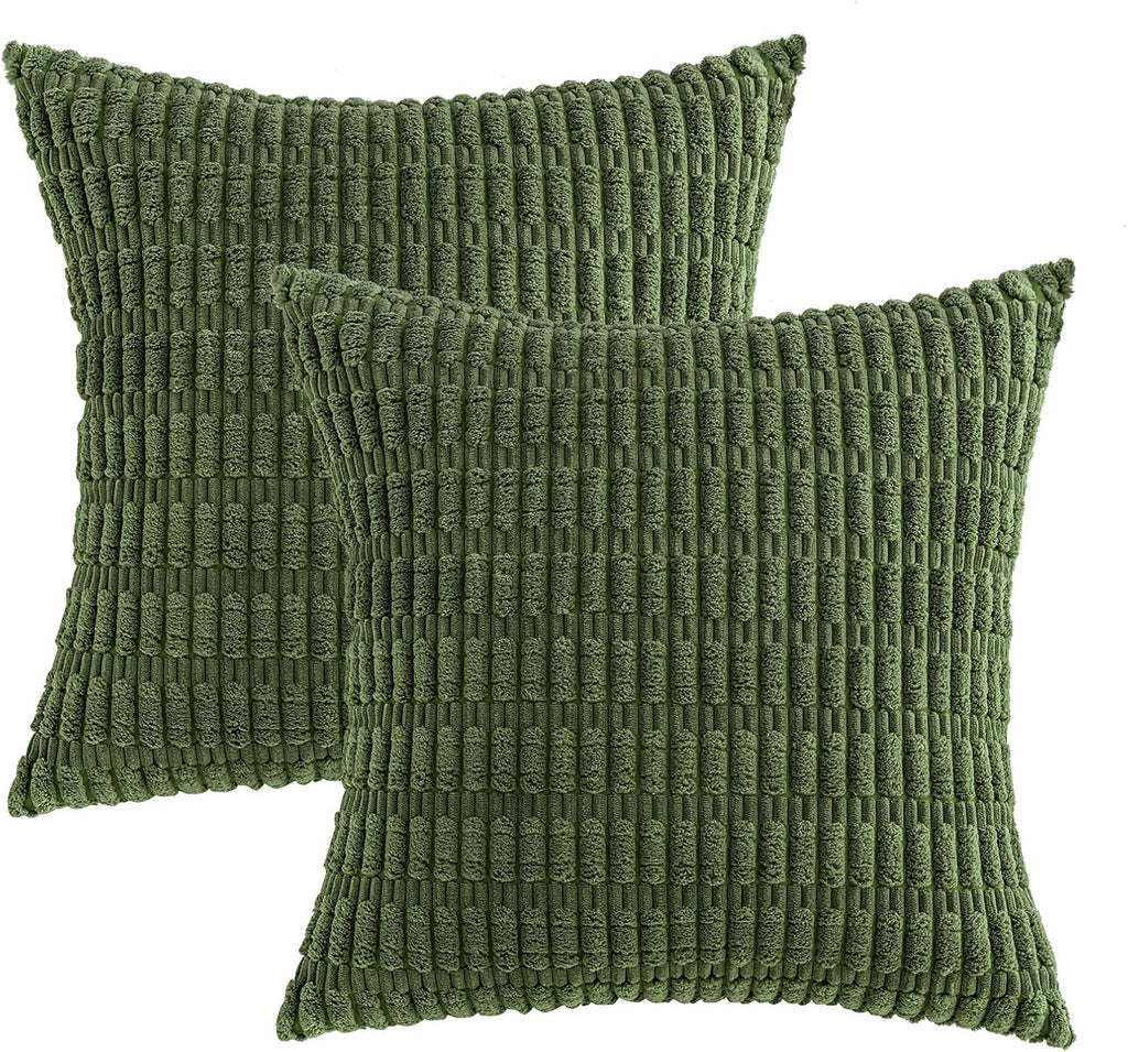 MIULEE Decorative Throw Pillow Covers - Soft Boho Striped Corduroy | Pack of 2, 18x18 Inch, Moss Green for Modern Farmhouse Decor