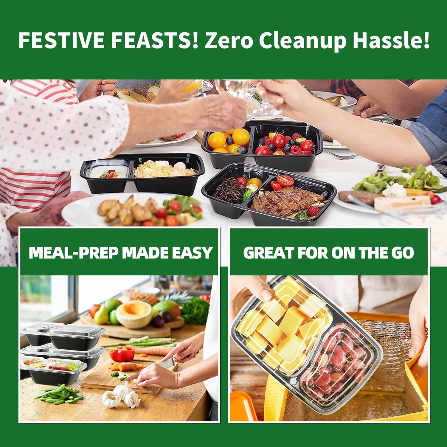 Meal Prep Containers - 50 Pack 30oz 2-Compartment Leakproof BPA-Free Food Storage Boxes