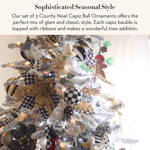 MACKENZIE-CHILDS Set of 3 Capiz Ball Ornaments, Christmas Tree Decorations Set, Black-and-White Courtly Noel