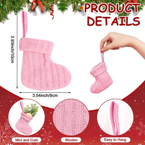 CCINEE 12Pack Mini Christmas Stockings, Pink and White Knitted Xmas Stocking Small Knit Hanging Stocking Decoration for Holiday Home Wall Fireplace Christmas Tree Decor