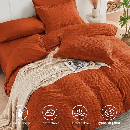 HYMOKEGE Twin Comforter Set - Burnt Orange Seersucker 5-Piece Luxury Bedding Set | All-Season Comfort