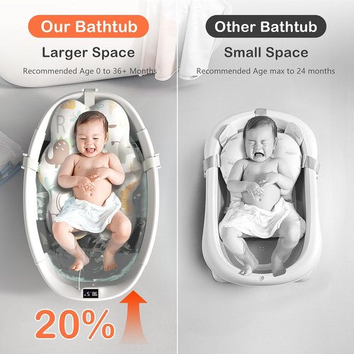 Collapsible Baby Bathtub - Portable Infant Bath Tub with Thermometer & Cushion | Foldable Toddler Bath for Newborns 0-36 Months (Grey)