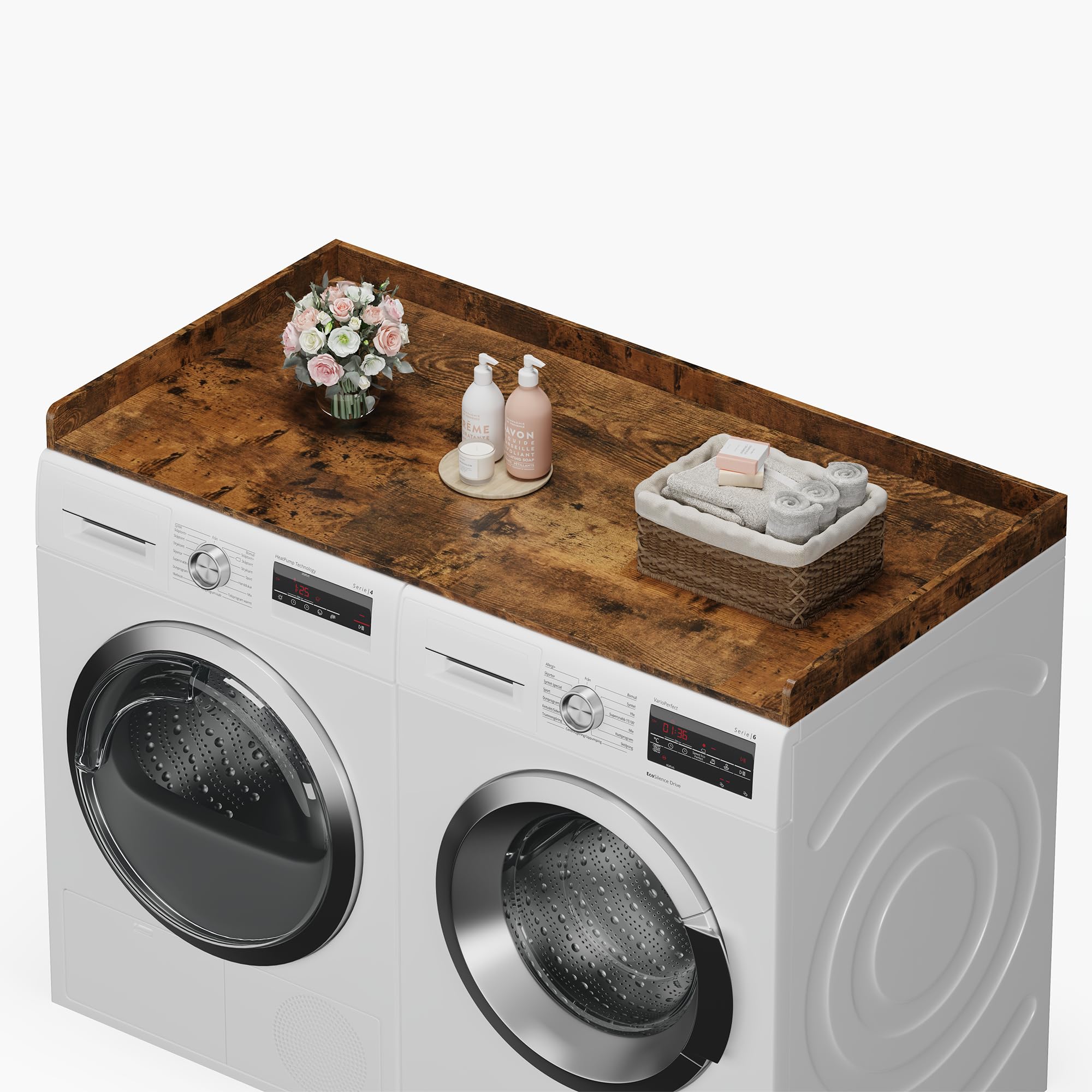 efluky Washer Dryer Countertop, Wood Countertop with Edge Rails for Laundry Room Organization and Storage, Washer Dryer Topper for Laundry Room, 27.5" x 54" Rustic Brown