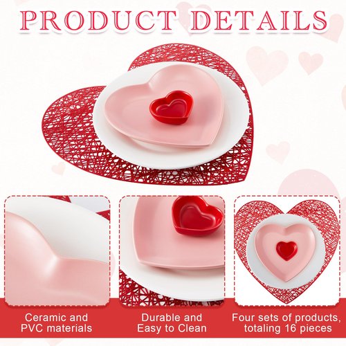 Jinei 16 Pcs Valentine‘s Day Tableware Set Include Large Pink Heart Ceramic Flat Plates White Dinner Ceramic Plates Red Heart Dish Bowls and Place Mats for Wedding Anniversary Party Decorations