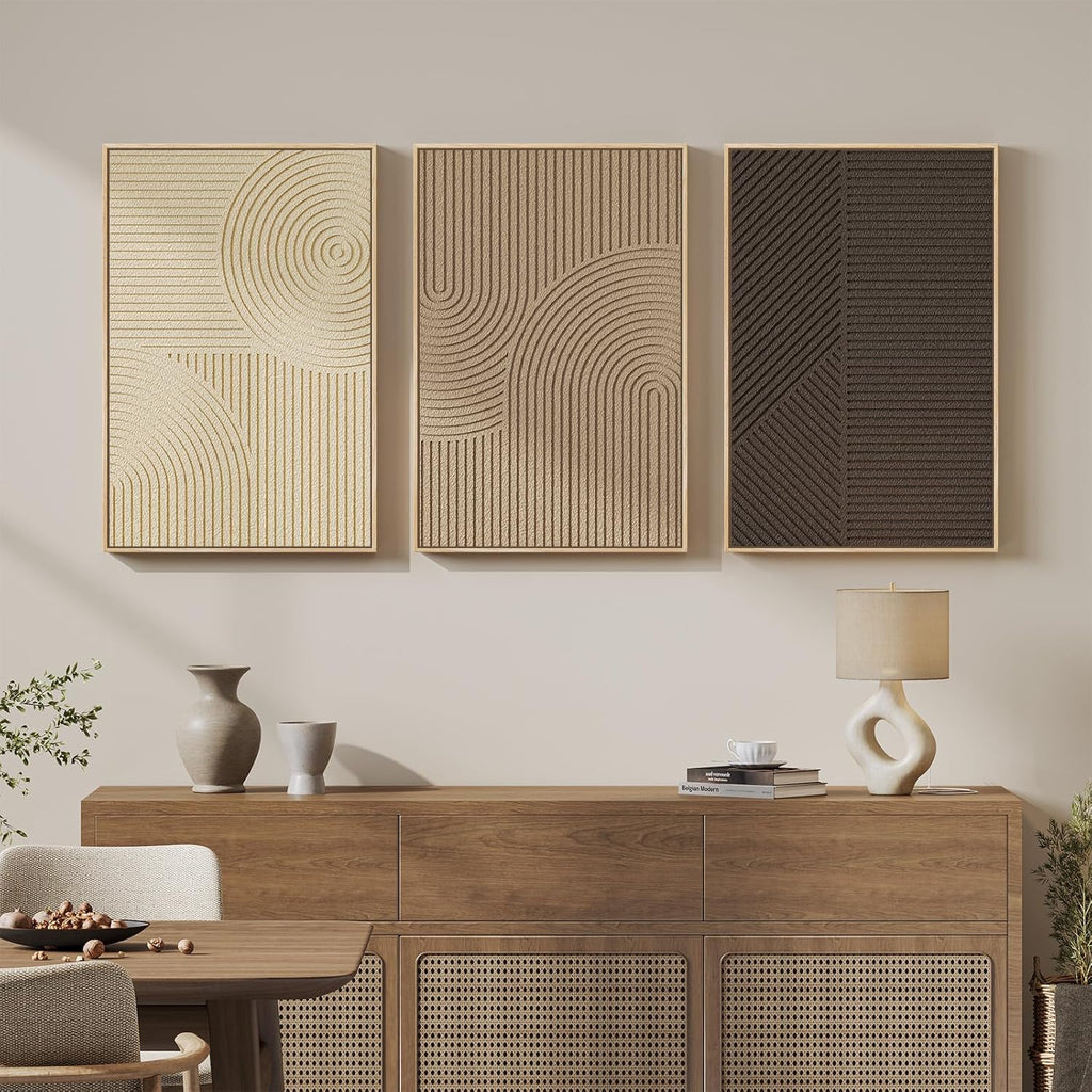Skiennix 3D Textured Framed Boho Wall Art - Modern Minimalist Paintings | 3 Piece Set, 20x30 In, Brown Beige Tan