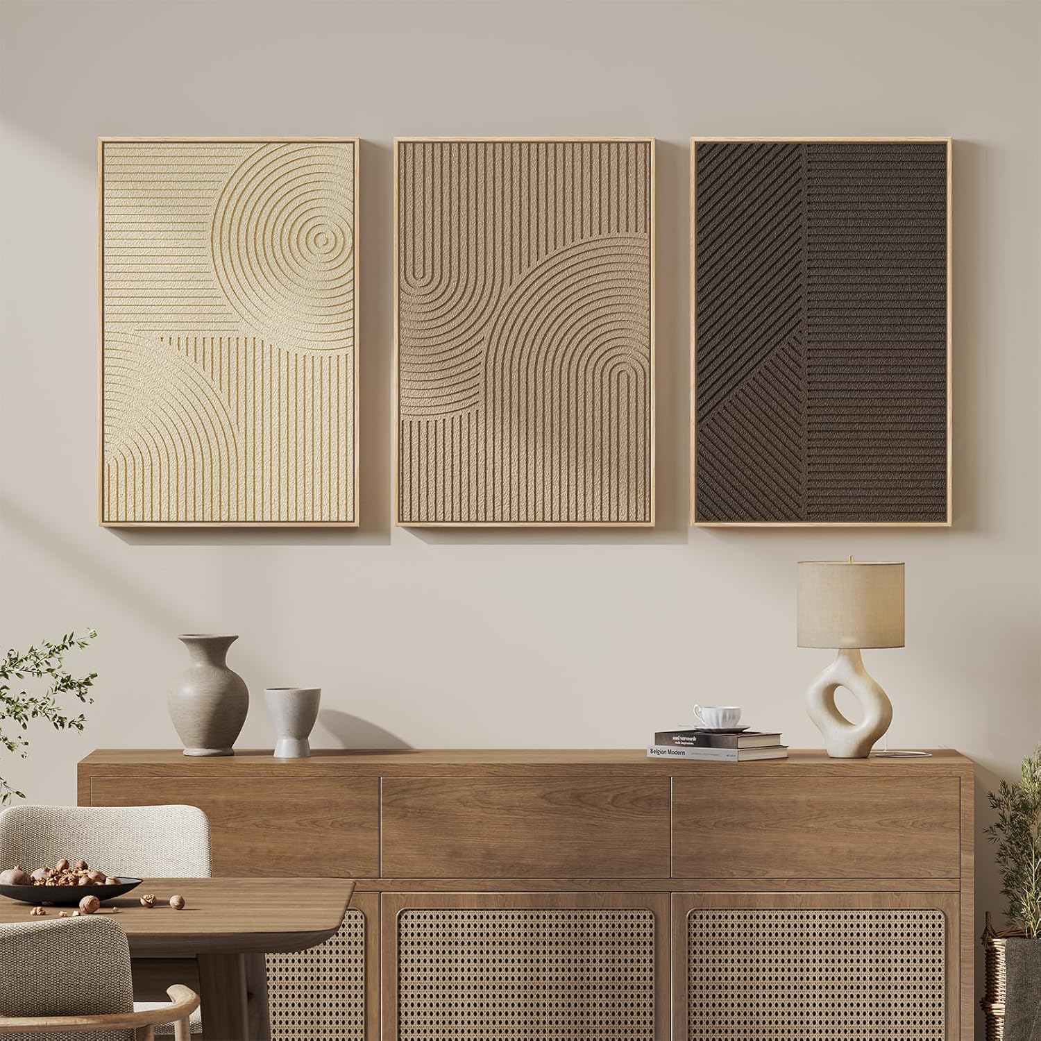 Skiennix 3D Textured Framed Boho Wall Art - Modern Minimalist Paintings | 3 Piece Set, 20x30 In, Brown Beige Tan