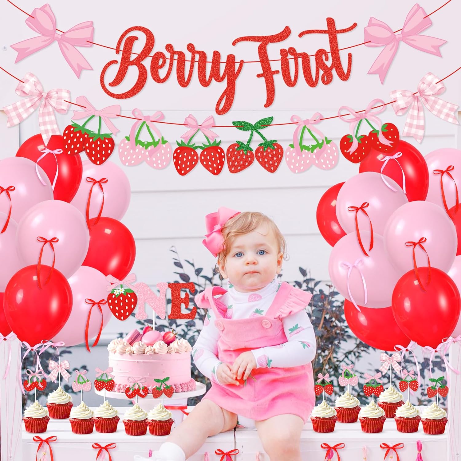 Skiennix Pink Bow Strawberry First Birthday Party Decor - Glitter Berry Banner & Cake Topper Set