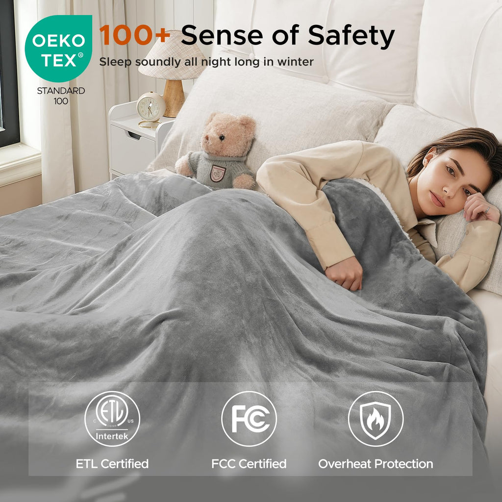 STHYTON Heated Blanket 72"x84" Full Size, Dual-Sided with Soft Flannel & Sherpa Fabric, Electric Blanket with 9 Heating Levels & 2-10 Hours Auto Off, Machine Washable, Light Gray