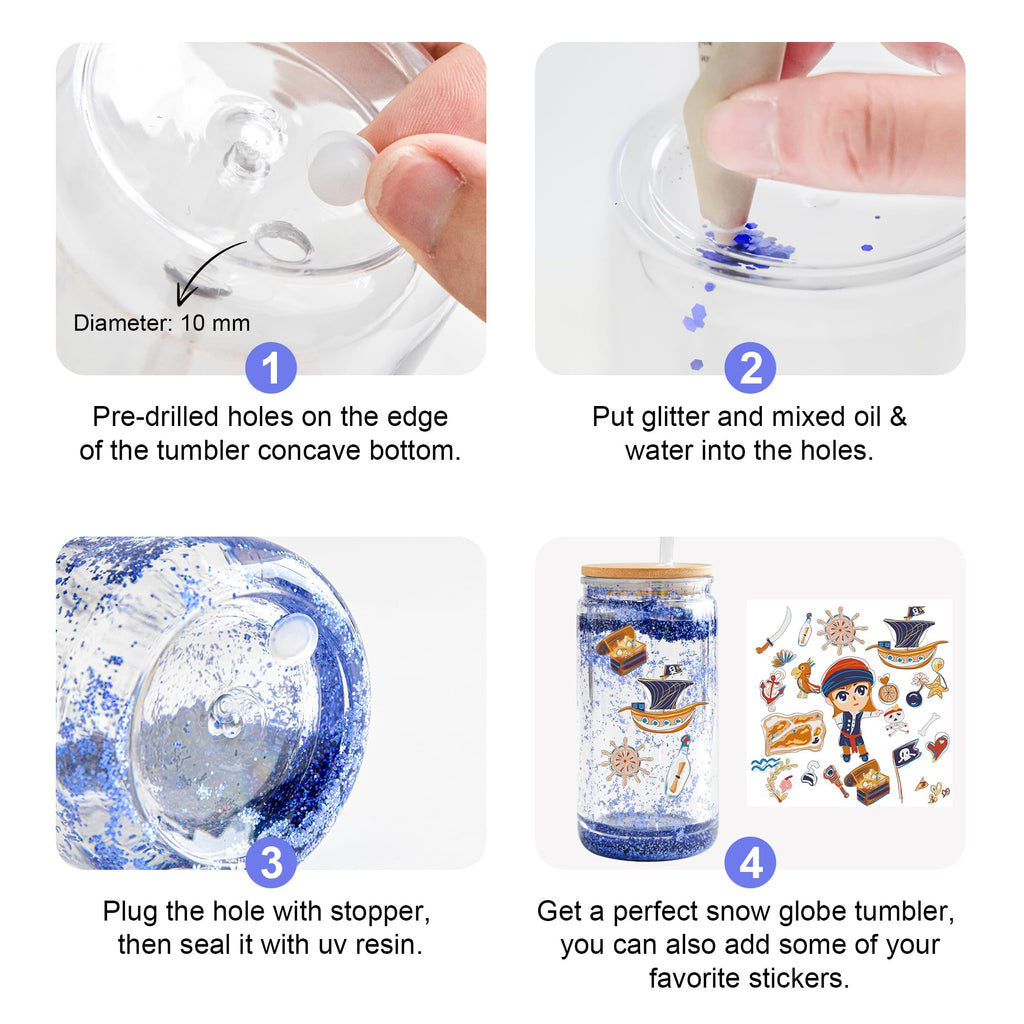 FECBK 12 Pack Acrylic Snow Globe Tumbler with Bamboo Lids and Straws 16 oz Plastic Snowglobe Tumbler with Pre Drilled Hole Clear Double Wall Snowglobe Cups for Snow Globe Glitter DIY