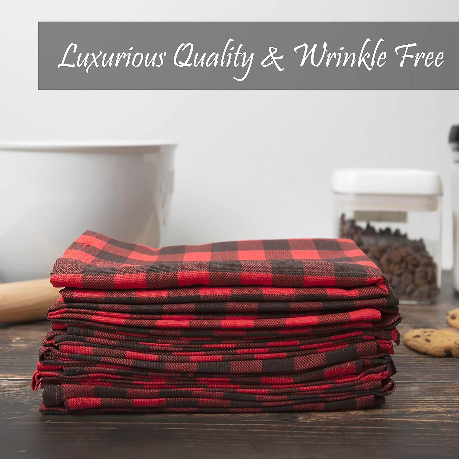 PERLLI Kitchen Cloth Napkins - Buffalo Plaid Red & Black | 12 Pack, 18x18 Inches, 100% Cotton, Washable & Reusable for Holiday Table Decor
